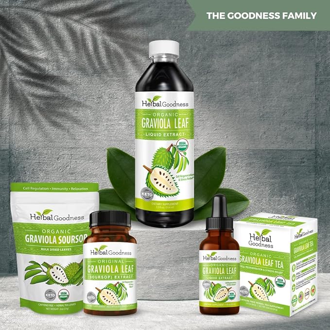 Herbal Goodness Graviola Leaf Extract 15X Strength - Soursop (Guanabana) Leaves Liquid USDA Organic Non-GMO Kosher Cell Support & Regeneration & Stress Relief Immune Boost 12(12oz) btls