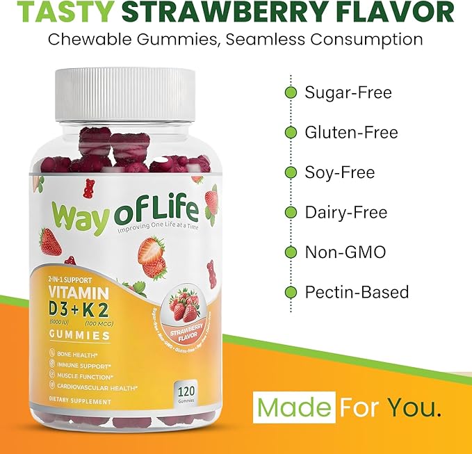 Vitamin D3 5000 IU (125 mcg) + K2 (MK-7) 100 mcg Sugar-Free Gummies, Strawberry - 120 count, Bone and Heart Health for Adults, Muscle Funtion, Pectin, Tasty, Chewy, Non-GMO, Gluten-Free, Gelatin-Free