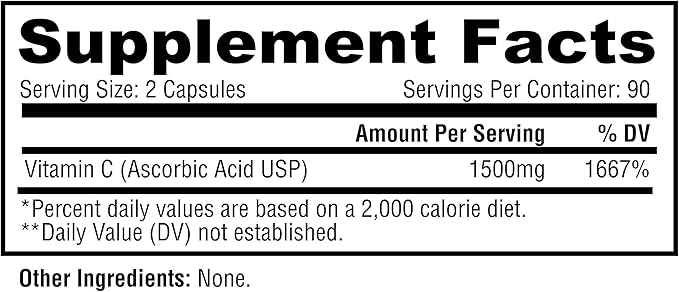Metabolic Nutrition Vitamin C, 1500mg, Pure Pharma Grade, High Absorption Ascorbic Acid Capsules (180 caps)