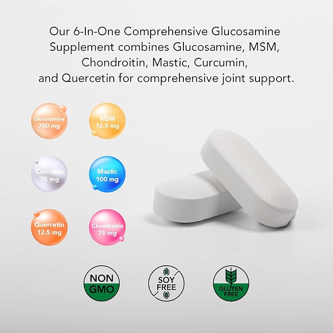 Premium Glucosamine + Chondriotin + MSM + Mastic + Curcumin (750mg) | Bone & Joint Health (1 Bottle-180 Capsules-6mo Supply) | Vitamin for Joint Support | Non-GMO & Gluten Free