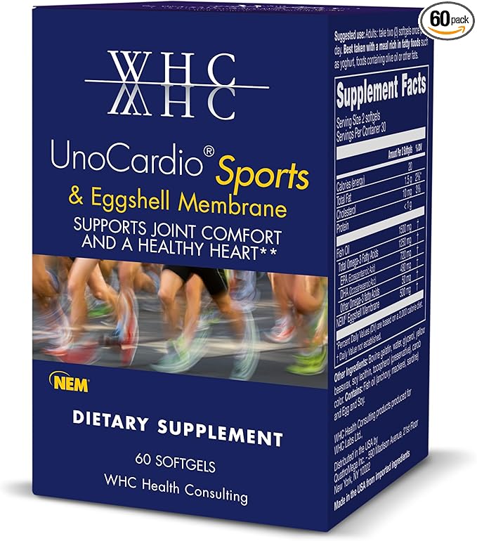 WHC UnoCardio Sports & Eggshell Membrane Fish Oil, Supports Joints & A Healthy Heart,1250 mg of Omega-3, 720 mg EPA, 480 mg DHA, Unflavored, 60 Softgels