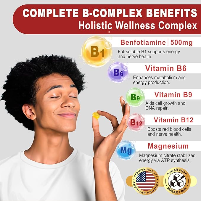Vitamin B1 Gummies - Benfotiamine 500mg, Vitamin B1 B6 B12 Complex, 3.6X More Effective Than Thiamine, Carbohydrate & Energy Plus Healthy Nervous System, 1 Pack