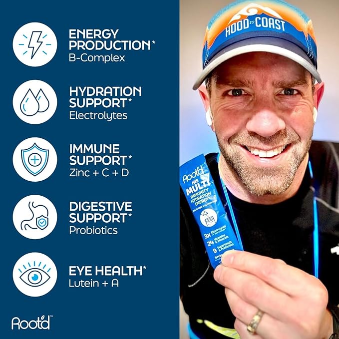 Root'd Multivitamin Powder with 3X Electrolytes for Men - 24 Vitamins & Minerals, 3X Electrolytes, 9 Superfoods, Probiotics & Enzymes, Sugar-Free Multivitamin & Hydration | 24 Packets