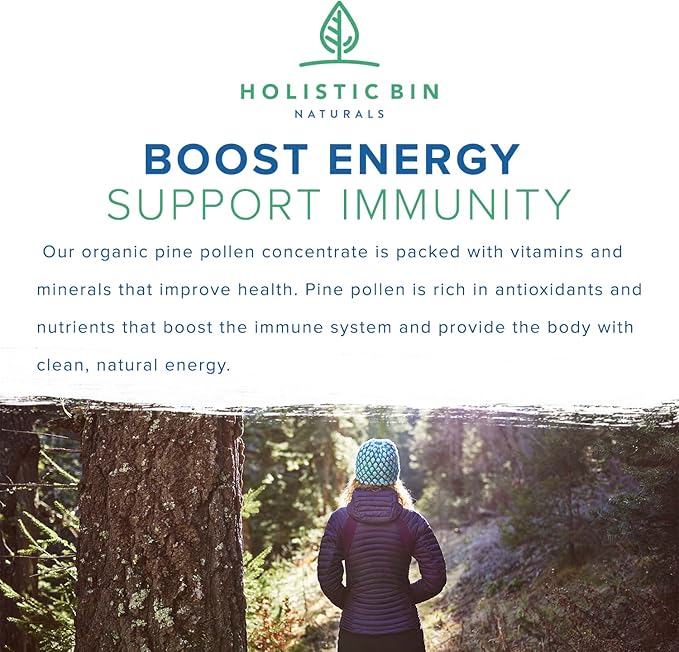 Holistic Bin Organic Pine Pollen Powder Pharmaceutical Grade, Wild Harvested, Golden California Pine Pollen | Non GMO, No Additives | Pure Pollen Supplement Made from The Ghost Pine Tree, 20 g