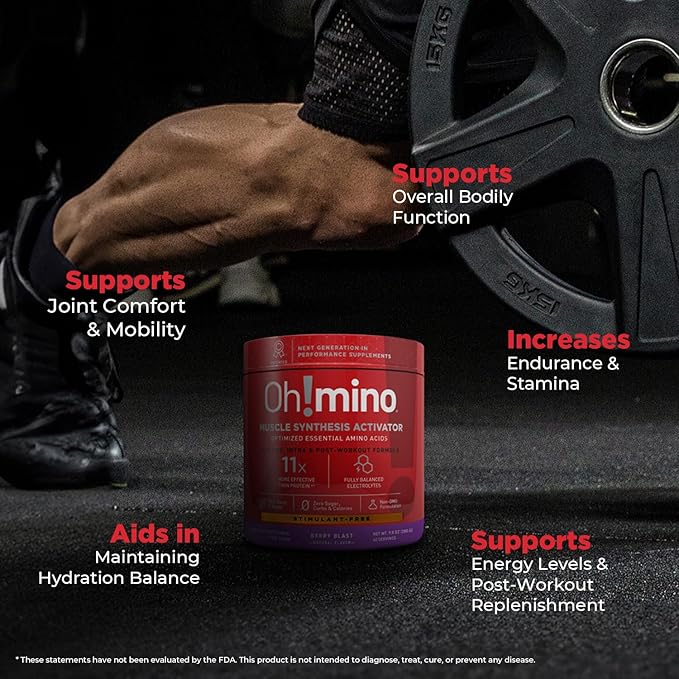 Ohmino Essential Amino Acids for Muscle Gain - BCAAs and EAA Amino acids Powder Supplement, Pre & Post Workout - Non Caffeine, Non Dairy, Vegan, Zero Sugar & Net Carbs - 40 Servings (Berry Blast)