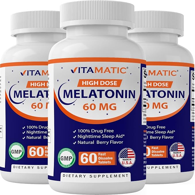 Vitamatic Melatonin 60 mg Fast Dissolve Tablets - 60 Vegan Natural Berry Flavor Tablets - Non-Habit Forming - Non-GMO, Gluten Free (3 Bottles)