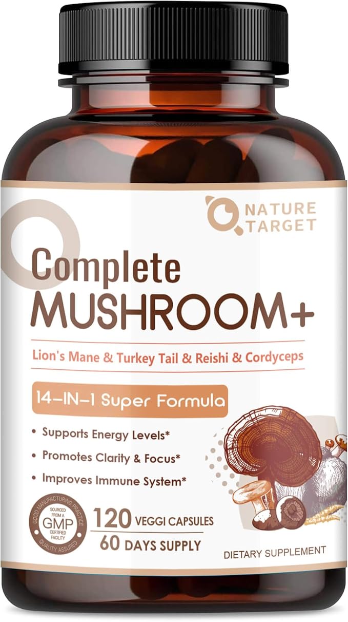 NATURE TARGET Mushroom Supplement, Mushroom Complex with Lion's Mane, Turkey Tail, Reishi, Cordyceps, Shiitake, 14-in-1 Mushrooms for Memory and Focus, 120 Capsules