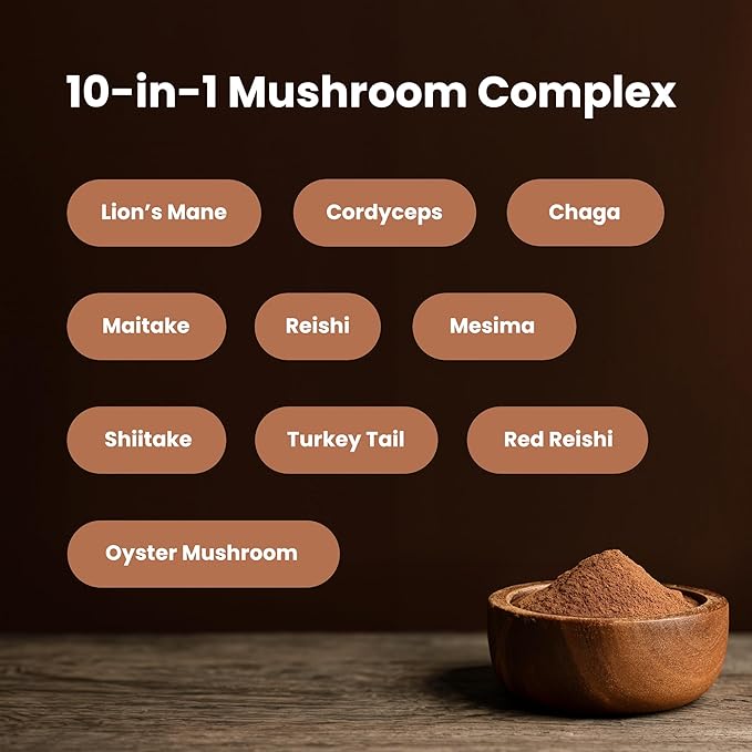 NutraChamps Organic Mushroom Powder - 10-in-1 Complex - Mushroom Supplement Powder Blend for Memory, Focus & Immune Support - 8oz (8.0 OZ, Mushroom Blend)