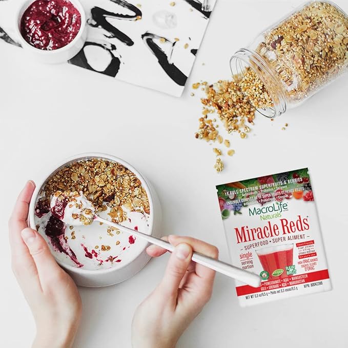 MacroLife Naturals Miracle Reds Superfood Supplement Powder Antioxidants Polyphenols Enzymes Probiotics - Raw Non-GMO Organic Vegan Gluten & Dairy Free (12 Packet)