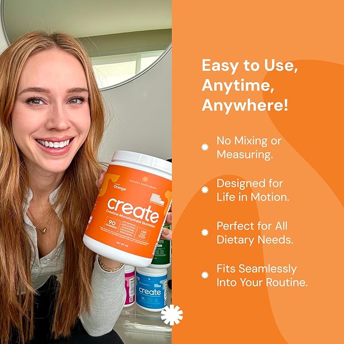 Create Creatine Monohydrate Gummies for Men & Women, Boost Focus, Strength, and Endurance, Anti-Melting Formula, Vegan, Gluten-Free, Non-GMO, 1.5g of Creatine per Gummy (Orange, 90 ct)