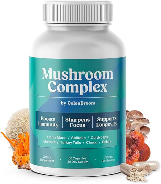 ColonBroom Mushroom Complex, Powerful Mushroom Blend with Cordyceps, Reishi, Shiitake, Lion’s Mane Extract for Energy, Immunity, Stress Relief & Cognitive Health - 60 Capsules, 30 Day Supply