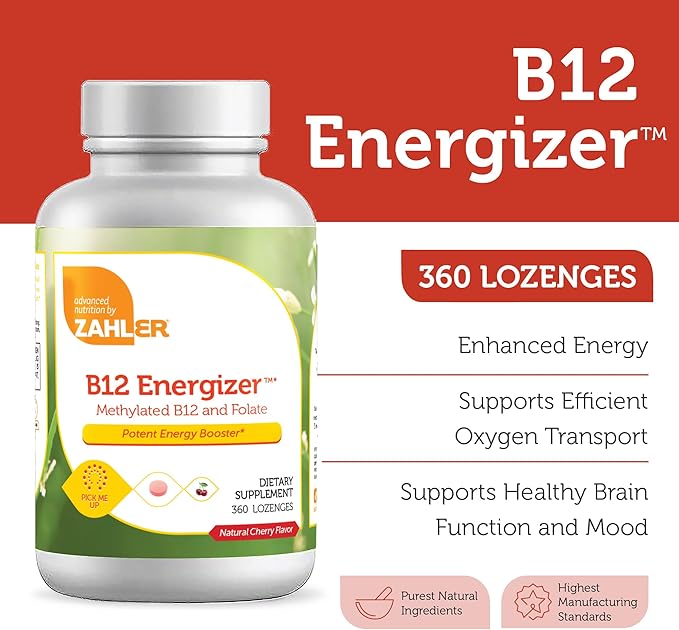 Zahler Energizer - Folate and B12 Supplement - Fast Dissolving Cherry Flavor Lozenges Dual Vitamin Methylated B12 & Folate Supplement with 1360 mcg Folic Acid (360 Count)