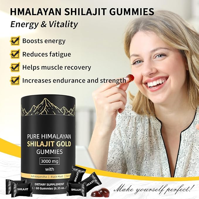 Shilajit Gummies, Pure Himalayan Shilajit Gummies Gold, No Added Sugar Non-GMO 100% Natural & Organic, Ashwagandha, Gokshura| Fulvic Acid & 85+ Trace Minerals for Men, Women | 60 Gummy