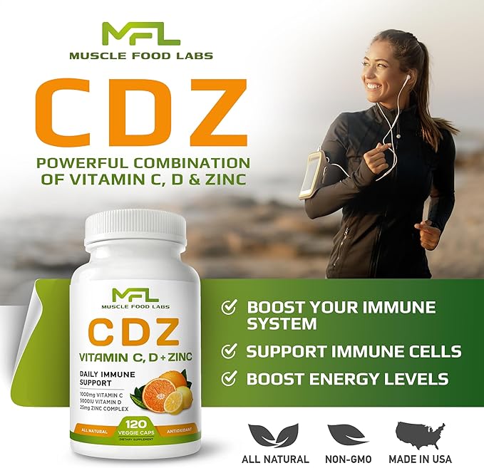 | C D Z | Vitamin C, 1000mg | Vitamin D3, 125mcg | Zinc, 25mg | Non-GMO & Gluten Free | 120 Vegetarian Capsules | 120 Servings