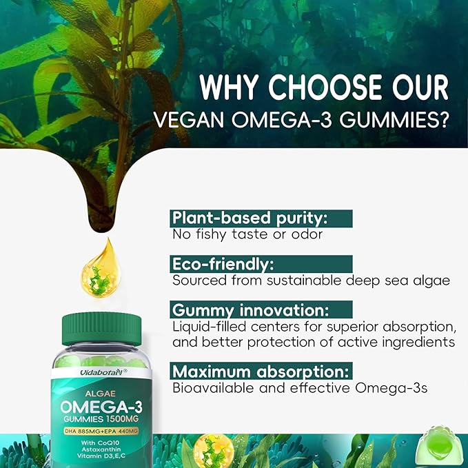2 Pack Vegan Omega 3 Gummies 1500mg, Algae Omega 3 Supplements DHA 885mg & EPA 440mg, with Coq 10,Vitamin E,C,D3 for Brain,Eye Support, Fish Oil Supplements Alternative, Sugar Free, 120 Counts