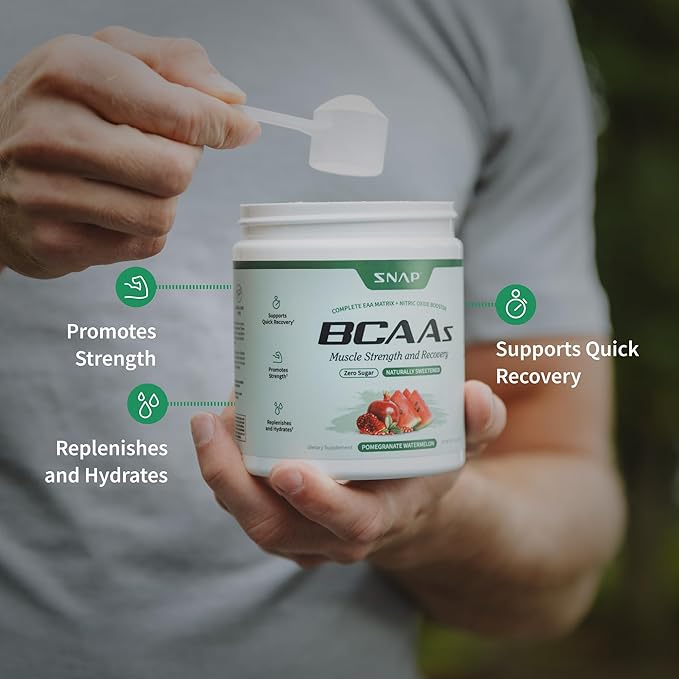 Snap BCAA Powder Essential Amino Energy Supplement with Nitric Oxide Booster - Watermelon Flavor - Pre Workout Powder, Recovery Supplements Post Workout, Muscle Strength & Performance (30 Servings)