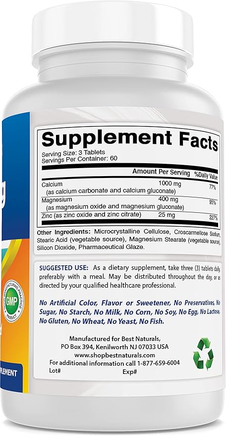 2 Packs - Best Naturals Calcium Magnesium Zinc - 180 Tablets - Essential Cal Mag Zinc Mineral Complex (Total 360 Tablets)