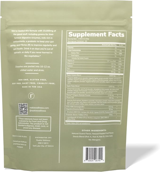 Natural Greens Supplements Superfood Powder Drink by Rookie Wellness, Gut Support Digestive Enzyme, Improve Mood, Immune Support, Passion Guava Greens Powder (30 Serving Bag)