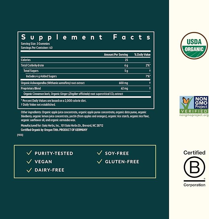 Gaia Herbs Organic Ashwagandha Gummies, Stress Support, Cinnamon, Ginger, Gluten Free, Vegan, 120 Count