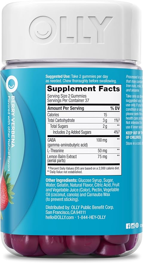 OLLY Goodbye Stress Gummy, GABA, L-Theanine, Lemon Balm, Stress Relief Supplement, Berry - 74 Count