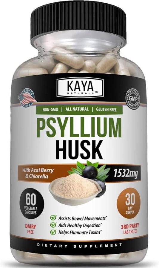 Kaya Naturals Psyllium Husk Capsules - 60 Count | High Fiber Supplement | Digestive Health & Regularity | Gluten-Free, Non-GMO