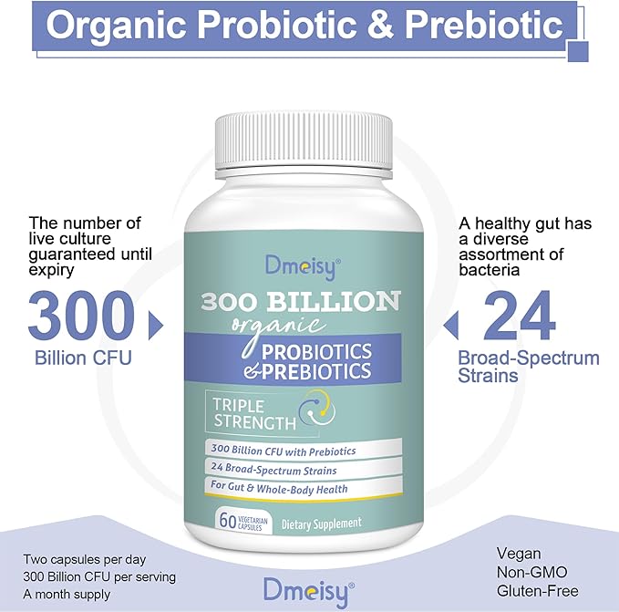 Probiotics for Women and Men, 300 Billion CFU 24 Strains Probiotics + 15 Organic Herbs Prebiotics Blend, Shelf Stable Gut Health Supplement for Digestive Immune & Whole-Body Health, 6 Month Supply