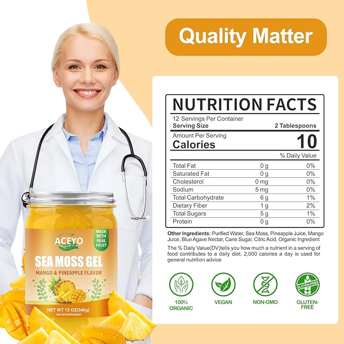 (12 OZ) Irish Sea Moss Gel Raw Vegan Mango Pineapple Flavor 102 Vitamins and Minerals Wild Harvested Non-GMO Immune Defense Booster Thyroid Digestive Support