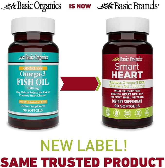 Smart Heart Odorless Omega-3 Fish Oil, Burp-Less, No Fishy Smell, 1000 mg, 90 Count