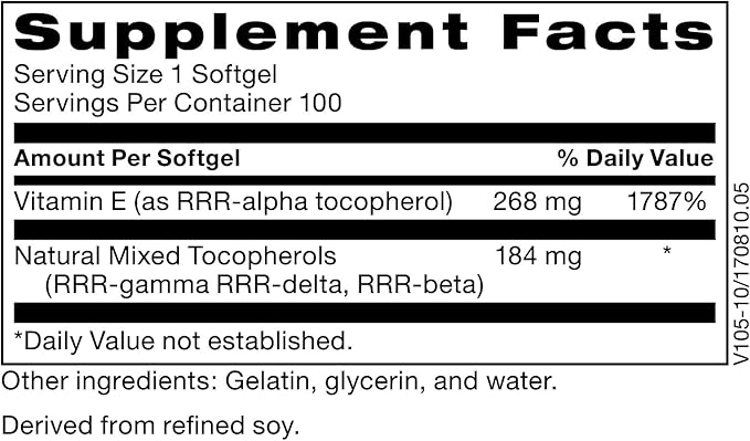 Klaire Labs Pure-E - Natural D-Alpha & Mixed Tocopherols High in Gamma Tocopherol (100 Softgels)