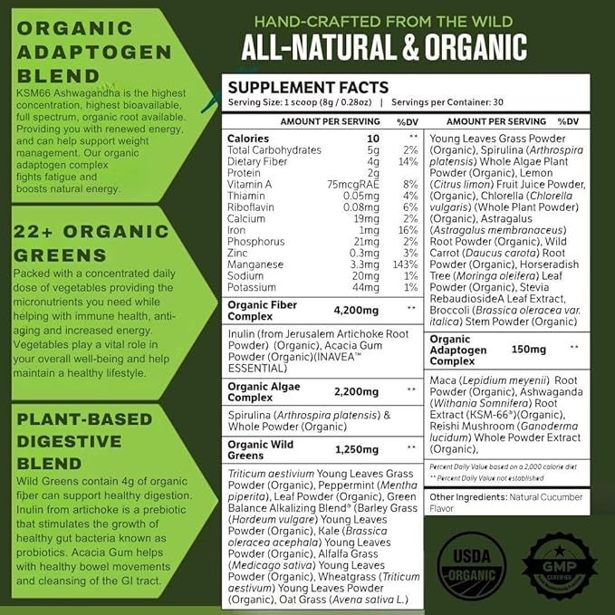 TruWild Greens Superfood Juice Powder, with 22+ Greens & Anti-Oxidants, Delicious Green Juice Powder, Natural Immune, Stress, Digestion Support, 30 Servings Per Tub (Cucumber Mint)