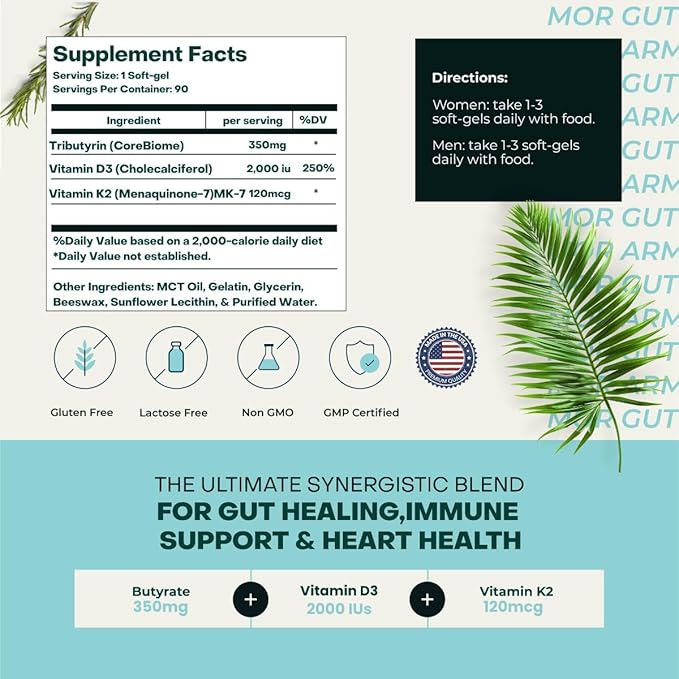 GutArmor Gut & Heart Health + Immune Support | 3 Month Supply | 90 Soft Gel Capsules | Pure Butyrate 350mg & Vitamin D3 2000IUs & Vitamin K2 120mcg | Heart Health | Gastrointestinal Support