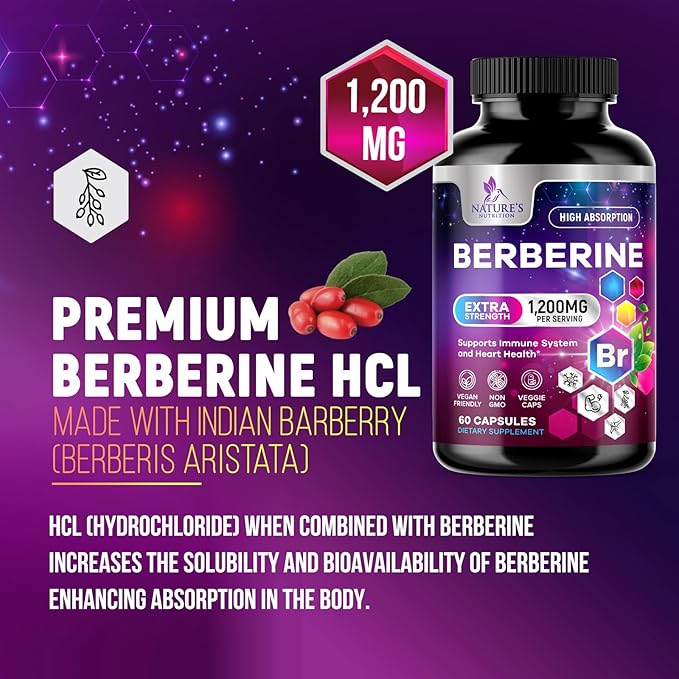 Premium Berberine HCL 1200mg Supplement - Berberine HCI Capsules High Absorption Supplement for Heart Health & Immune Support, High Strength, Gluten-Free, Vegan, Non-GMO Pills - 60 Veggie Capsules