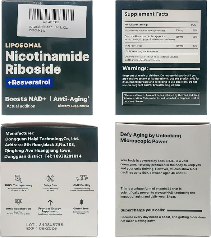 Nicotinamide Riboside, Liposomal Nicotinamide Riboside, Resveratrol Quercetin Supplement for Vitality, Anti Aging, Energy, Focus, Actual Addition