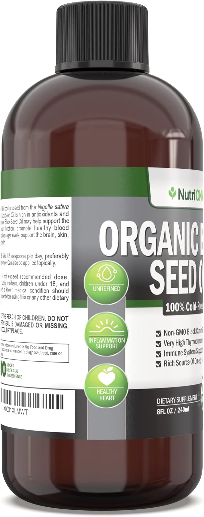 Organic Black Seed Oil - USDA Certified Organic Black Cumin Seed Oil Liquid – High Thymoquinone Content – Non-GMO and Cold-Pressed – Rich Source of Omega-6 & Omega-9 Fatty Acids - 8 Oz