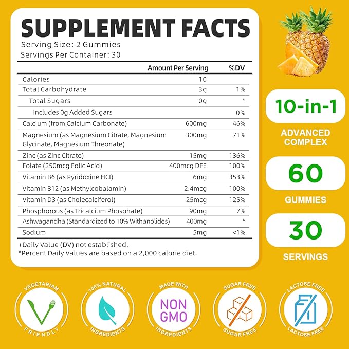 Calcium Magnesium Zinc Gummies with Vitamin D3, Sugar Free Calcium Gummies for Women Men, High Potency Magnesium Gummies for Bone & Muscle & Immune Health, Pineapple Flavor - 120 Count