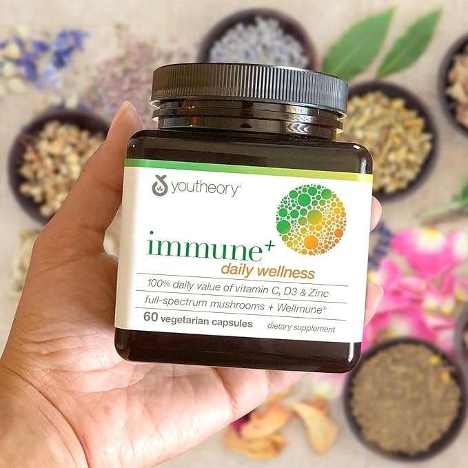 Youtheory Immune+ Daily Wellness - Vegetarian Immune Support Supplement with Vitamin C, Vitamin D3 & Zinc* - Mushroom Supplement with Turkey Tail, Cordyceps & Reishi - 60 Vegetarian Caps