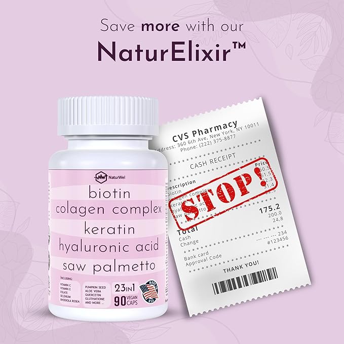 Collagen 1000mg Rhodiola Rosea 2500mg Biotin 10,000mcg, Hyaluronic Acid, DHT Blocker, Vitamin C & E, Folic Acid, Aloe Vera, Quercetin, Green Tea, Keratin, MSM - 90 Count (90 Count (Pack of 1))