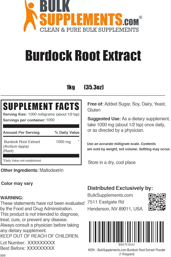 BulkSupplements.com Burdock Root Extract Powder - Burdock Root Powder, Herbal Supplement - Vegan & Gluten Free, 1g per Serving, 1kg (2.2 lbs) (Pack of 1)