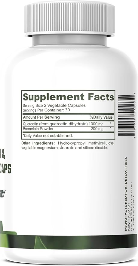 Quercetin with Bromelain Supplement - 60 Capsules Quercetin 1000mg, Bromelain Powder 200mg, Non-GMO, Vegan, Gluten Free Respiratory Health & Immune Support Supplement.