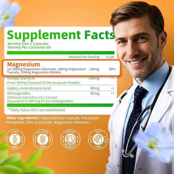 Triple Magnesium Complex - Magnesium Glycinate, Taurate & Malate Supplement with Omega3, Ashwagandha, GABA, for Sleep, Muscle, Brain & Heart Support - High Absorption and Gentle, Vegan, 120 Capsules
