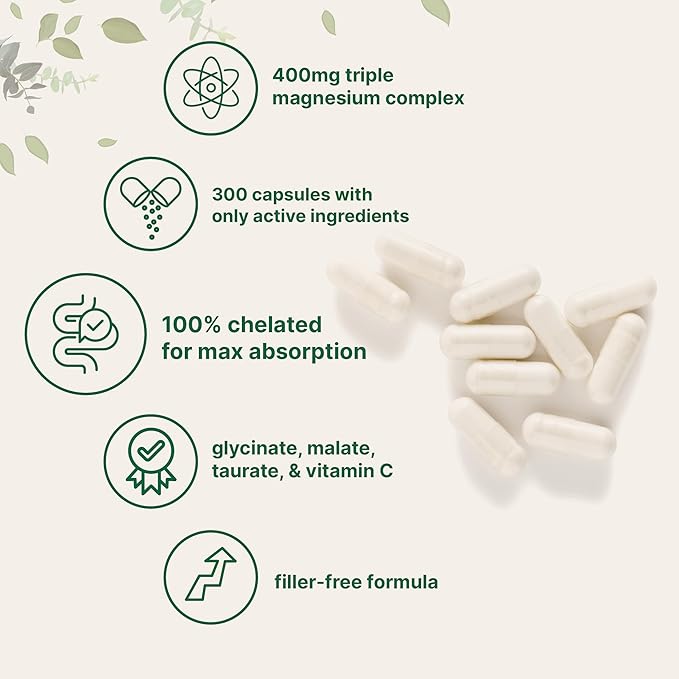 Pure Triple Magnesium Complex, 300 Capsules | 400mg of Magnesium Glycinate, Malate, Taurate with Vitamin C | Only Uses Active Ingredients | Filler Free Supplement | 100% Chelated