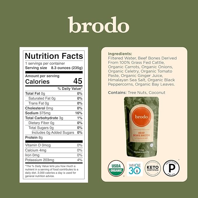 Brodo 100% Grass-Fed Beef Bone Broth, Collagen-Rich and Protein-Packed, Slow-Simmered with Organic Vegetables and Herbs, Nutrient-Dense Broth for Sipping and Cooking (6 x 8.3 oz. Pouches)