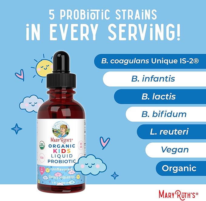 Kids Probiotic Liquid Drops by MaryRuth's | USDA Organic Probiotics for Digestive Health | Ages 4+ Gut Health & Immune Support Supplement | Overall Health | Vegan | Non-GMO | 1 Fl Oz