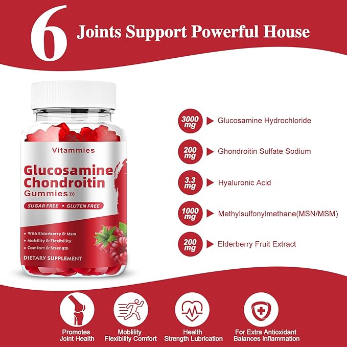 Glucosamine Chondroitin Gummies with MSM & Elderberry Extra Strength - Joint Support, Antioxidant Immune Support Supplement for Adults, Men & Women - 60 Raspberry Gummies
