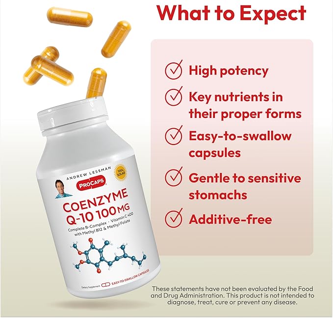 ANDREW LESSMAN Coenzyme Q-10 100 mg 60 Capsules - Essential for Energy Production and Optimum Key Organ Function, Anti-Oxidant Support, Depleted by Aging, Plus B-Complex. Easy to Swallow Capsules