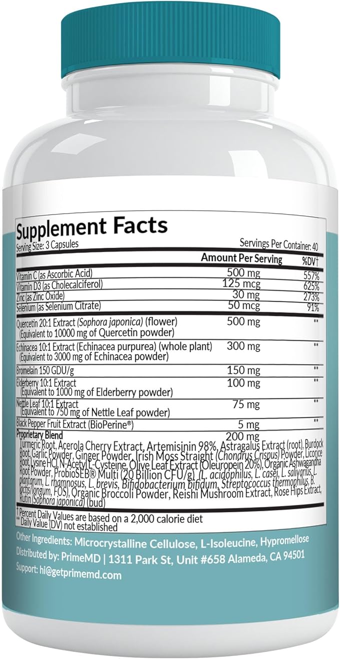 28-in-1 Quercetin with Bromelain Supplement - Quercetin 500mg Capsules for Daily Immune Defense Support - Quercetin with Vitamin C and Zinc for Adults Enriched with Vitamin D (120 ct, Pack of 2)