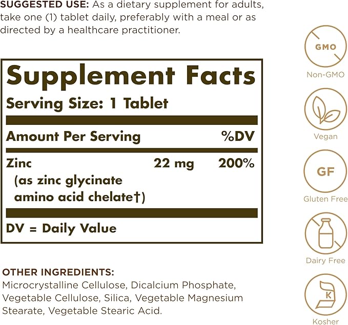 Solgar Chelated Zinc - 250 Tablets, Pack of 2 - Antioxidant, Skin & Immune System Support - Non-GMO, Vegan, Kosher, Gluten Free - 500 Total Servings