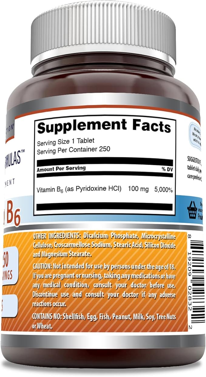 Amazing Formulas Vitamin B6 Pyridoxine 100mg 250 Tablets Supplement | Non-GMO | Gluten Free | Made in USA
