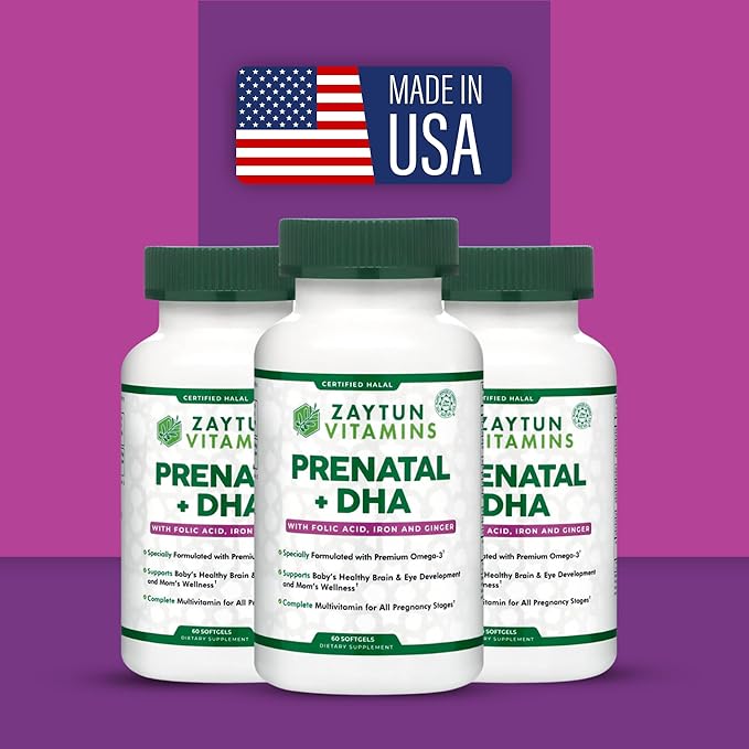 Halal Prenatal Vitamins + DHA, Folic Acid Iron, Ginger for Soothing, One Daily, for All Pregnancy Stages, Gluten Free, Non-GMO, 60 Softgels, 2 Months Supply, USA Made, Halal Vitamins