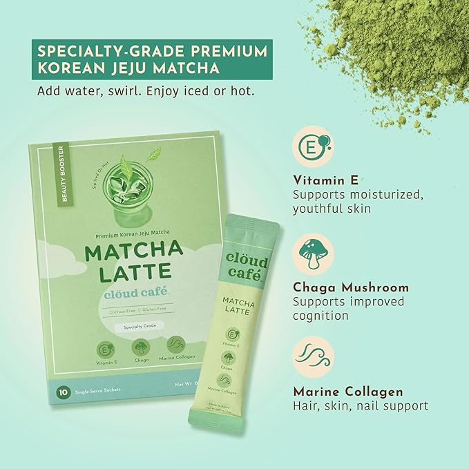 Clöud Café Collagen Infused Matcha Latte Instant Tea Powder - Vitamin E, Chaga Mushrooms Powder, & Marine Collagen Instant Tea (10 Sachets)